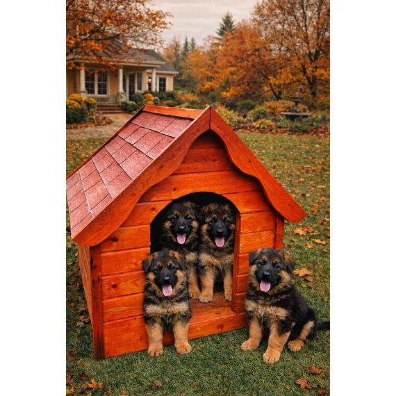 Fa-Land GIANT méretű fa kutyaház kertben, German Shepherd kölykökkel