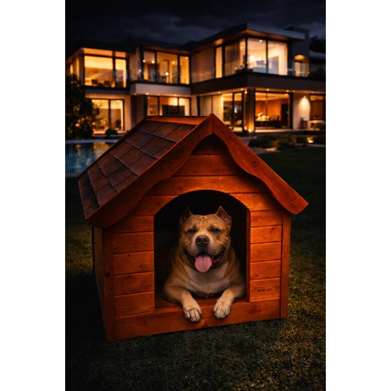 Fa-Land XL méretű fa kutyaház kertben, amiben pihen egy Golden Retriever
